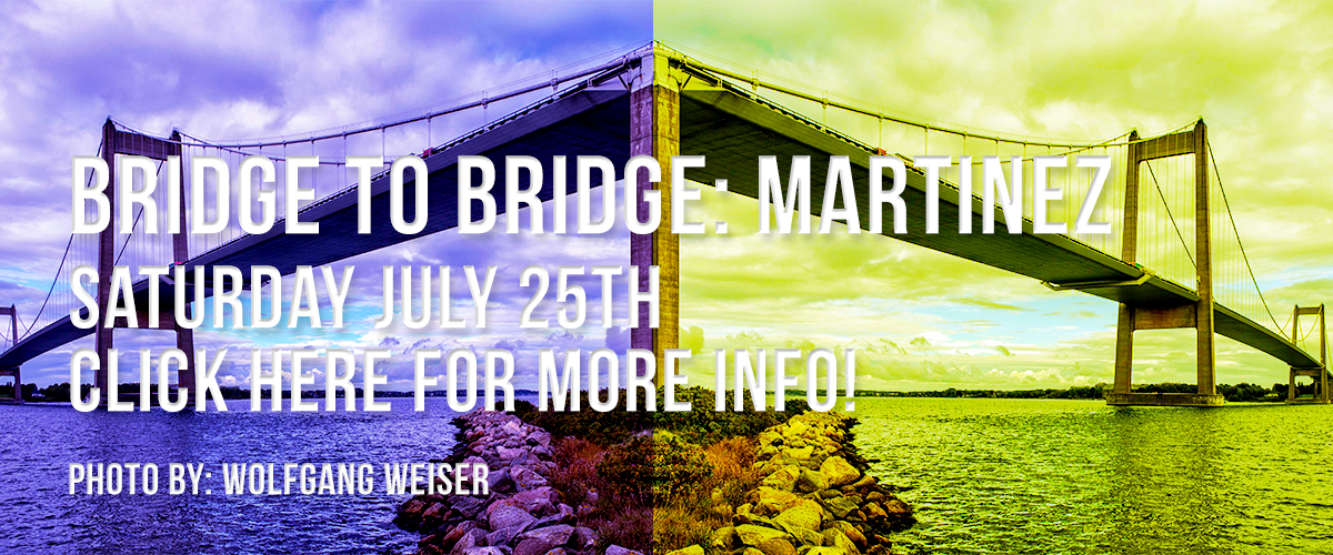 Background of two bridges mirrored from each other with the left side in blue and the right side on yellow overlayed with white type saying on the first line Bridge to Bridge: Martinez and Saturday July 25th on the second line and Click here for the info! on the third line and Photo by: Wolfgang Weiser