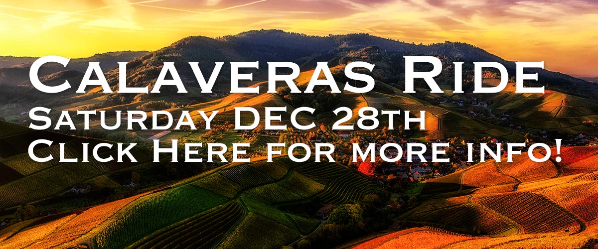 White type of Calaveras Ride on first line and Saturday Dec 28th on the second line and Click Here for more info! on the third line against a warm orange hilly background