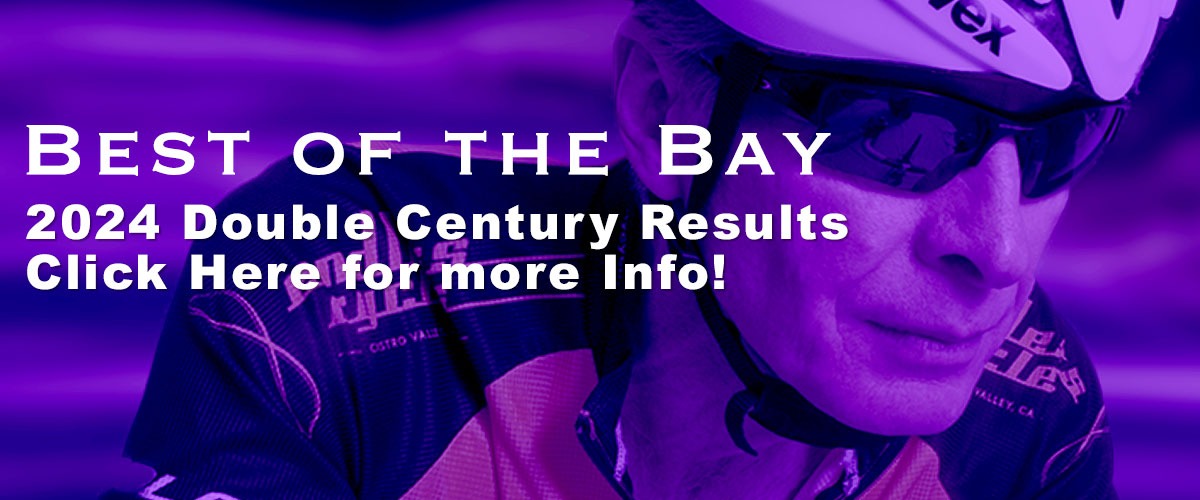 A purple image of the a road cyclist in the background with white type overlayed on the top saying Best of the Bay on the first line and on the second line 2024 Double Century Results and on the third line, Click for more info!