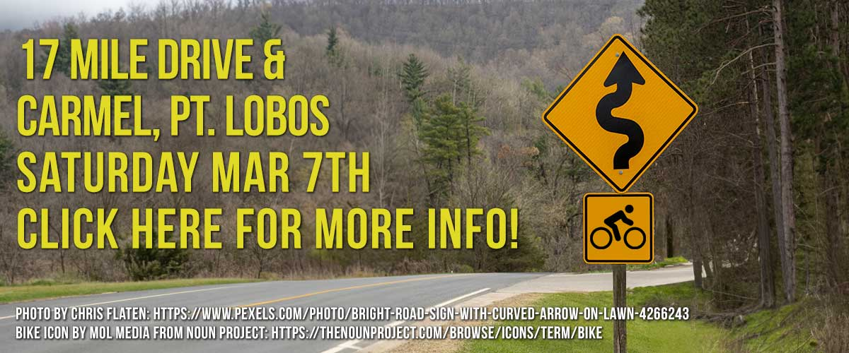 Background image of a road in the woods with on the right side, a black curve warning icon on a orange-yellow diamond sign and below it a black cyclist icon on a rounded square sign with yellow type overlay on it saying on the first line, 17 Mile Drive & and on the second line, Carmel, Pt. Lobos and on the third line, Saturday Mar 7 th and on the fourth line, Click Here for More Info! and on the fifth line in white type, Photo by Chris Flaten: https://www.pexels.com/photo/bright-road-sign-with-curved-arrow-on-lawn-4266243 and on the sixth line, Bike Icon by Mol Media from Noun Project: https://thenounproject.com/browse/icons/term/bike