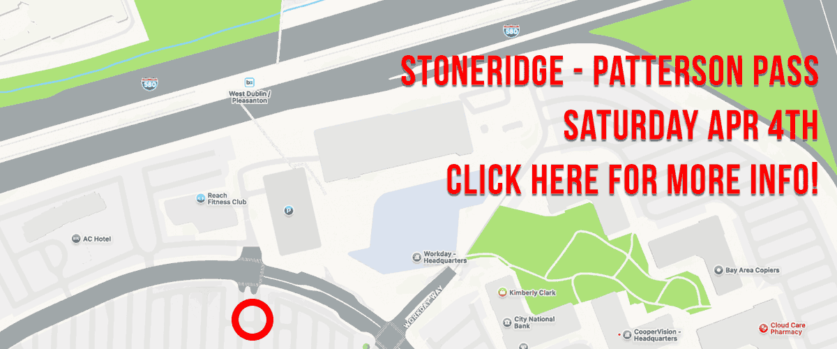 Background image of the overhead graphic view of the Hwy 580 with a red circle around the West Dublin BART Station Southern parking lot start area and near the top right side red type with a drop shadow saying on the first line, Stoneridge - Patterson Pass and on the second line, Saturday Apr 4th and on the third line, Click Here for more info!