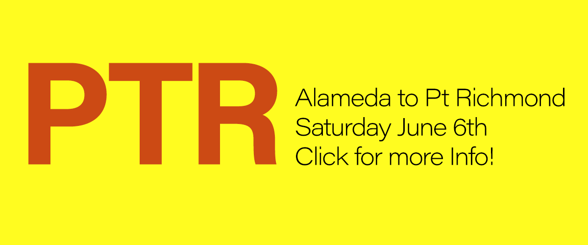On a yellow background, the left side dark red type PTR and on the right in thin black type, Shaka Shack Alameda on the first line and to Pt. Richmond on the second line and Saturday, June 6th on the third line and Click for more info! on the fourth line.