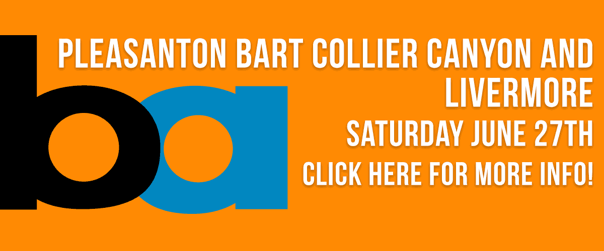 White type with a drop shadow centered on the top saying Pleasanton BART Collier Canyon Ride and below on the left is a BART logo Black lowercase b and cyan lowercase a on the left side and on the right side in white type with a drop shadow saying Saturday June 27th and the line below saying in white type with a drop shadow Click Here for more info all against an orange background