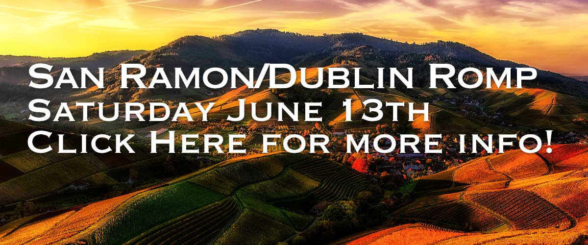 San Ramon/Dublin Romp on first line and Saturday June 13th on the second line and Click Here for more info! on the third line with white type against a warm orange hilly background