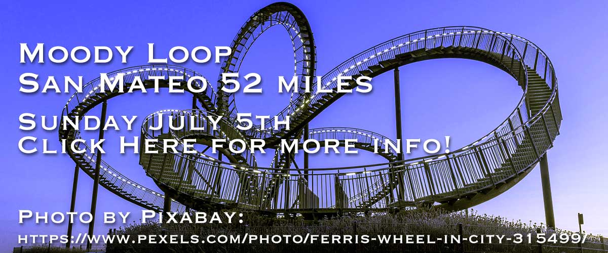 A background image of a silhouette of roller coaster with purple sky with White type on it saying Moody Loop on the first line near the top and San Mateo 52 miles on the second line and Sunday July 5th on the third line and Click Here for more info! on the fourth line and Click Here for more info! on the fourth line and Photo by Pixby: on the fifth line and Photo by Pixabay: https://www.pexels.com/photo/ferris-wheel-in-city-315499/ on the sixth line.