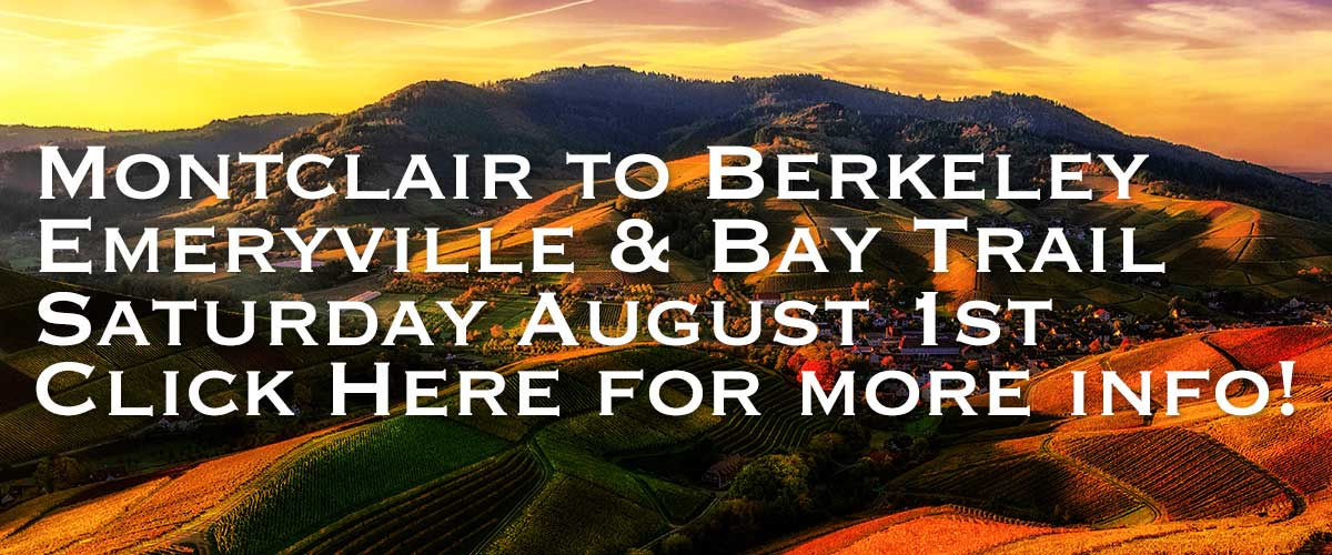Montclair to Berkeley on first line and Emeryville & Bay Trail on the second line and Saturday August 1st on the the third line and Click Here for more info! on the fourth line with white type against a warm orange hilly photographic background